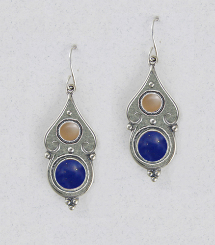 Sterling Silver Gothic Look With Lapis Lazuli And Peach Moonstone Gemstone Drop Dangle Earrings